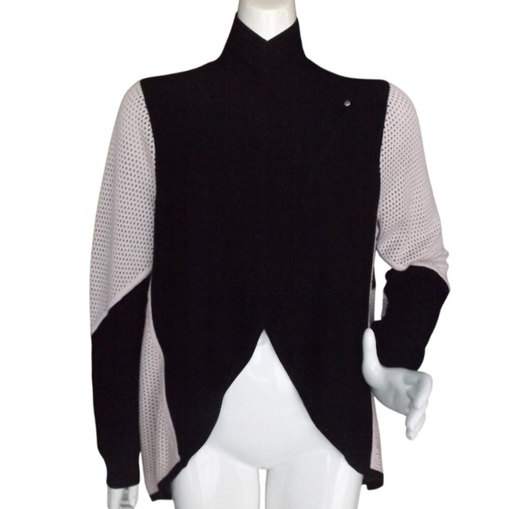 ST. JOHN Sweater, XL, Black/Pale Pink, Snap, Long sleeves, Asymmetrical hem Knit